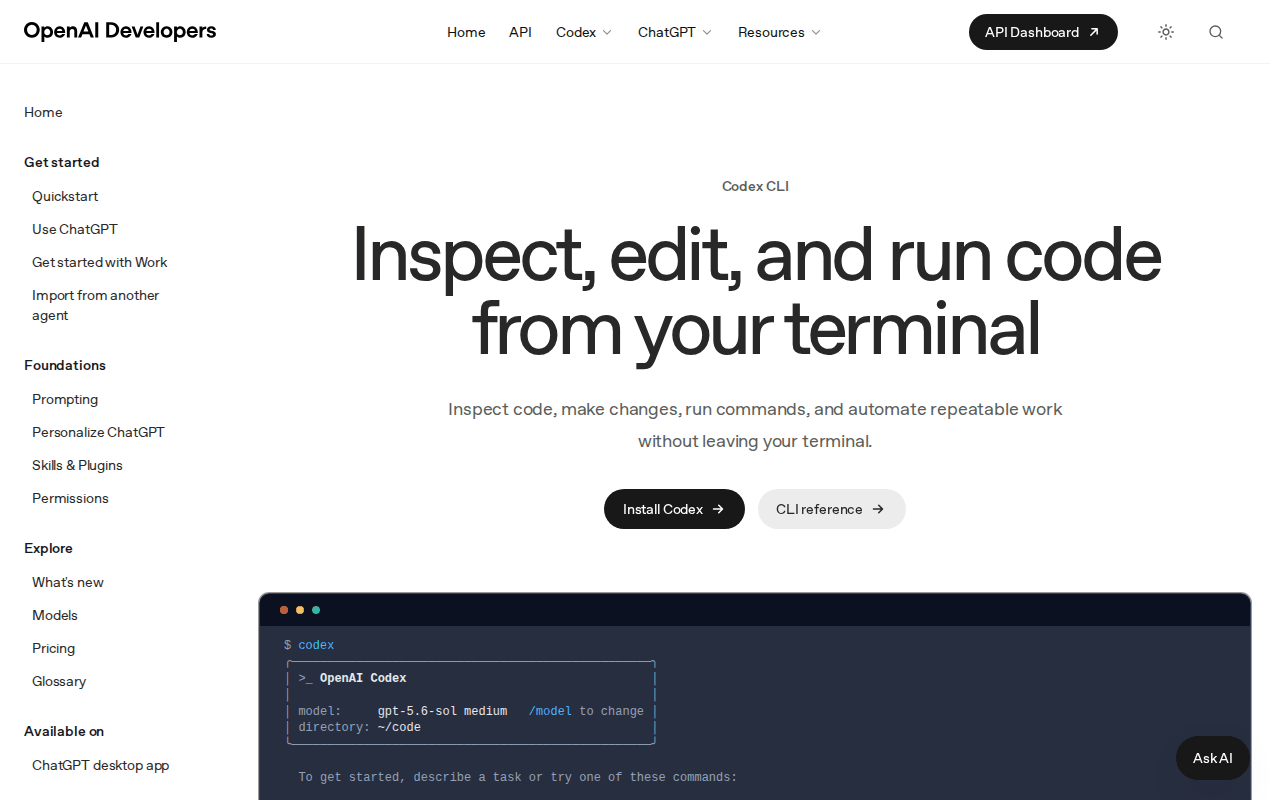 OpenAI Developers Codex CLI docs header: “Inspect, edit, and run code from your terminal,” with a terminal showing the codex prompt