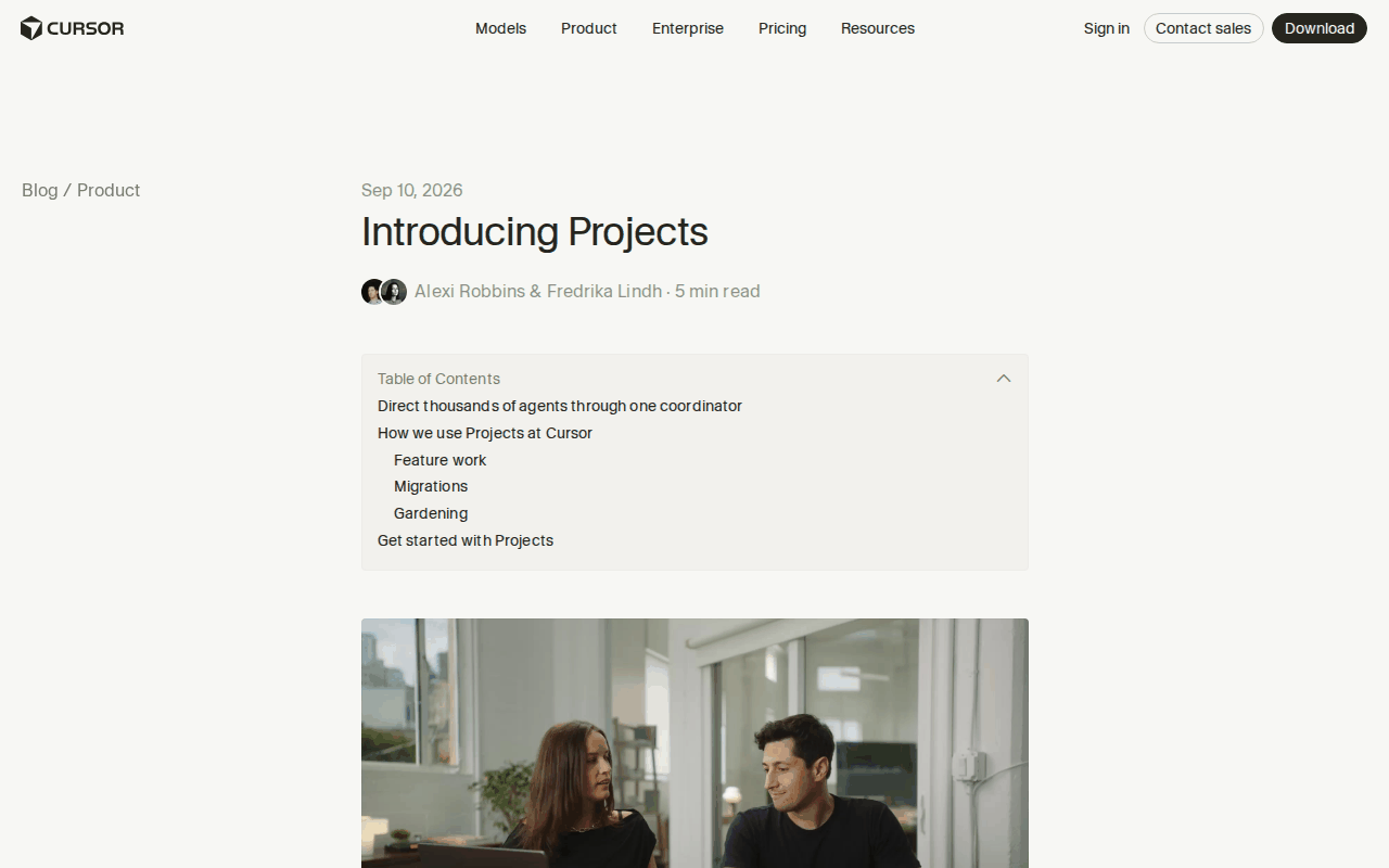 Cursor blog post Introducing Projects, Sep 10, 2026, with a table of contents listing Direct thousands of agents through one coordinator, Migrations, and Gardening