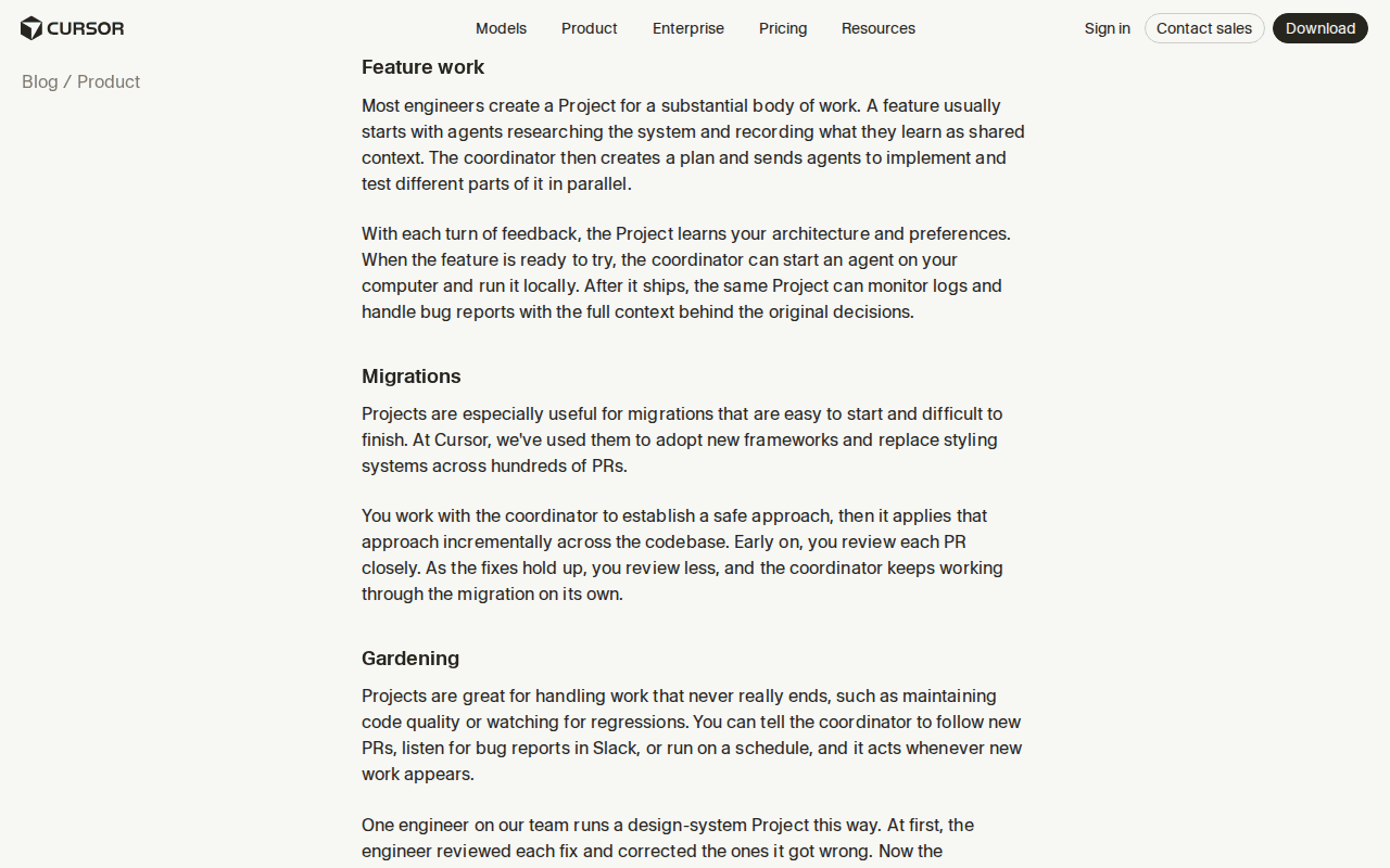 Cursor blog “Introducing Projects”, the Migrations passage on reviewing less as the fixes hold up