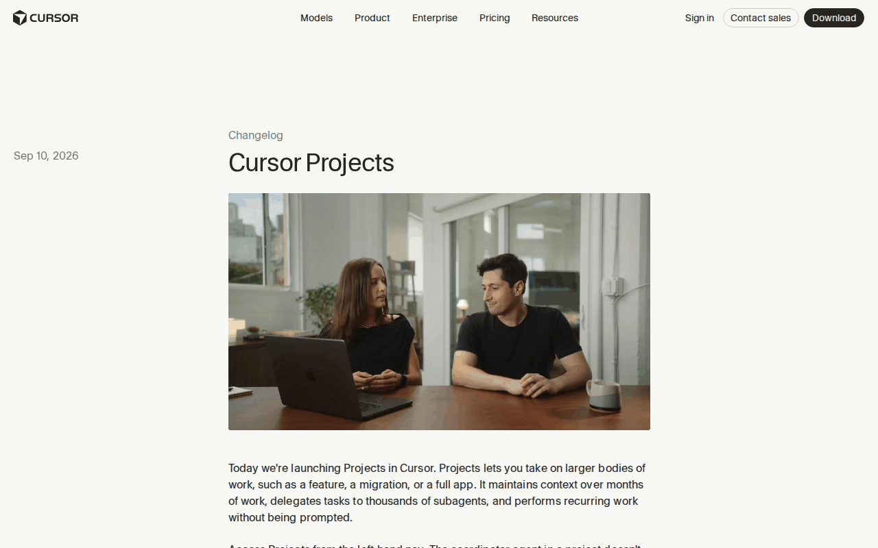 Cursor changelog entry titled Cursor Projects, dated Sep 10, 2026, opening with the paragraph about delegating tasks to thousands of subagents