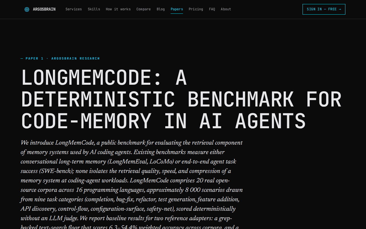 LongMemCode paper header at ArgosBrain: a deterministic benchmark for code-memory in AI agents, with the abstract naming 20 corpora, 16 languages, and about 8,000 scenarios