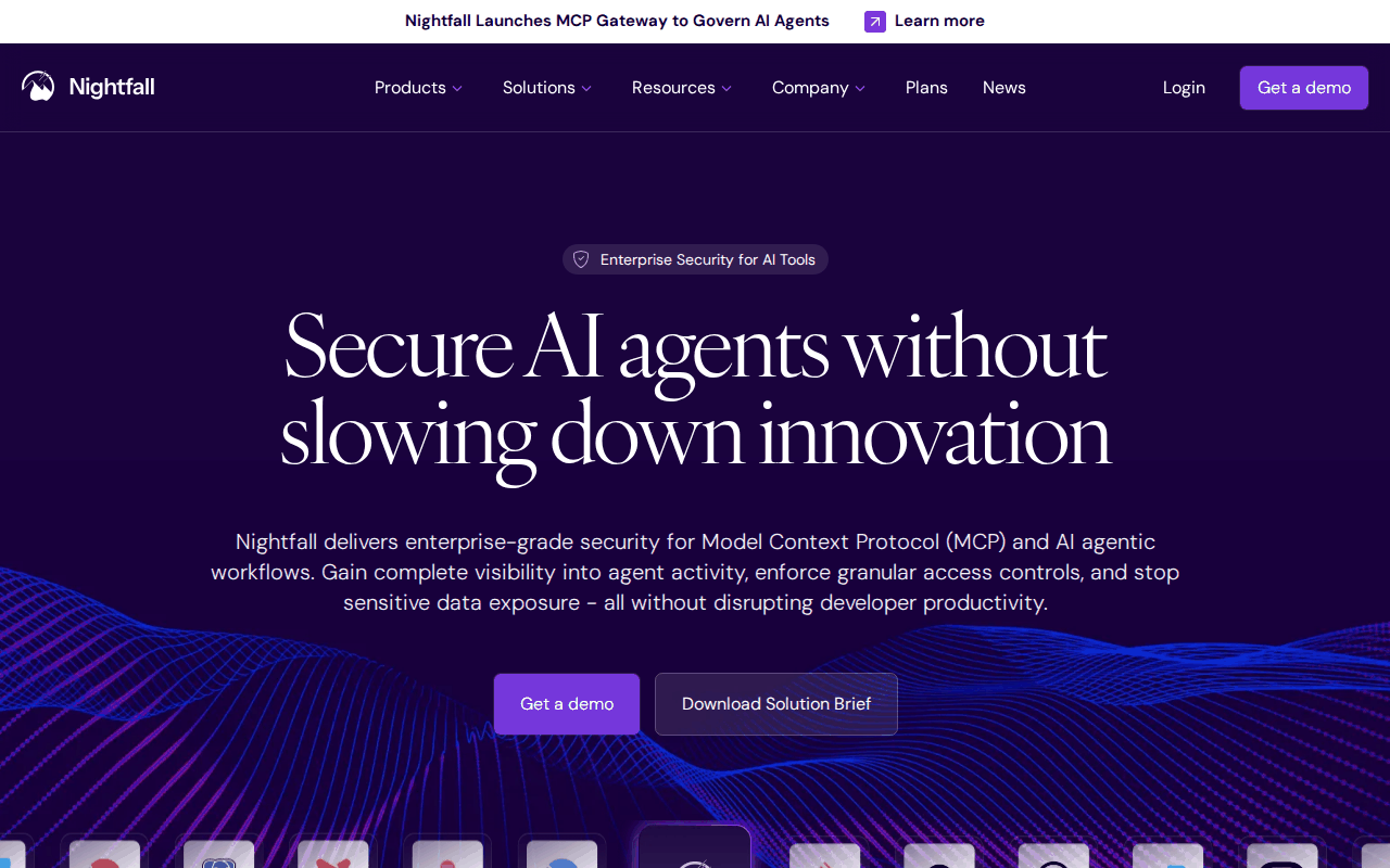Nightfall MCP Security product page hero, “Secure AI agents without slowing down innovation,” with an MCP Gateway launch banner
