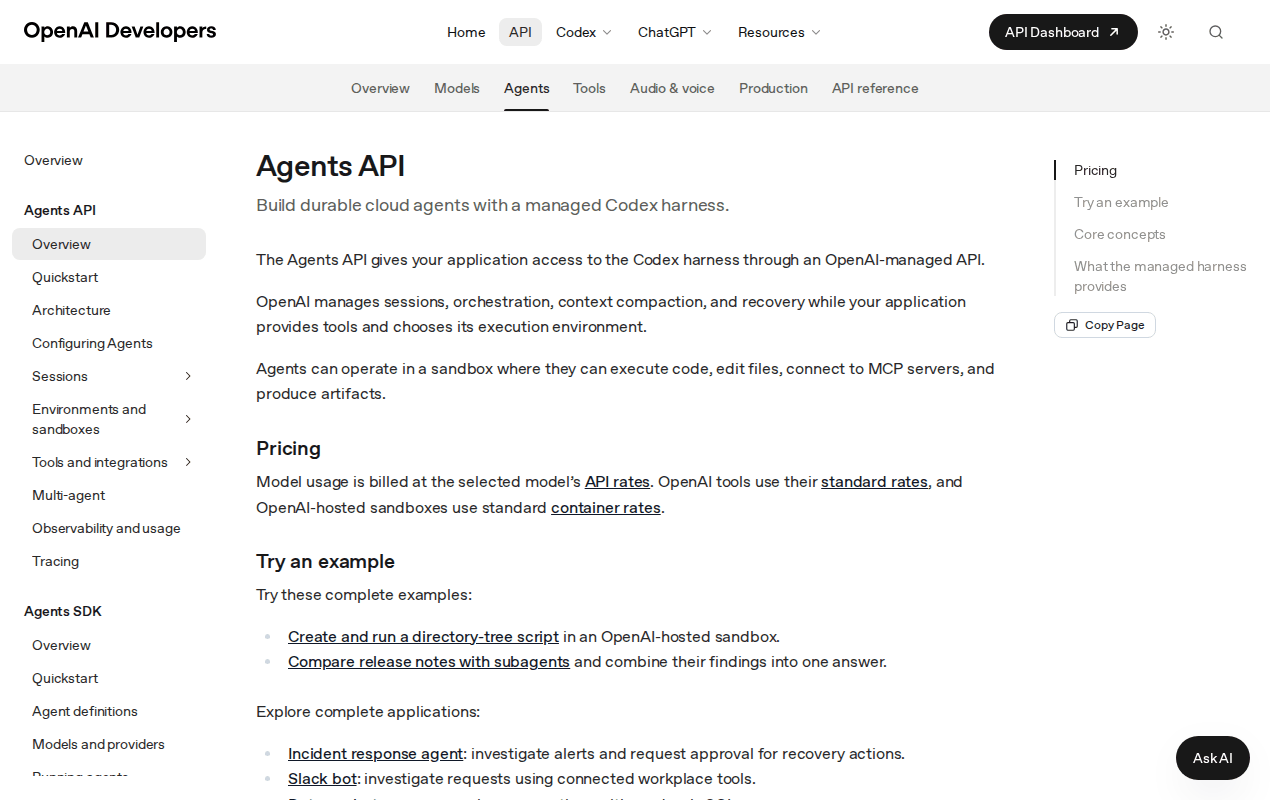 OpenAI Developers docs for the Agents API: the Session and Events primitives, pricing lines, and the sentence on what OpenAI manages versus what you provide